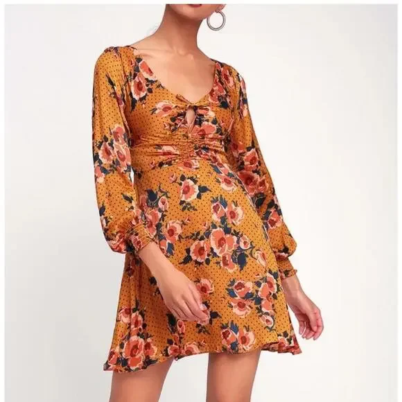 Free People Long Sleeves Autumn Gold Floral Dress Sz 6/8 Knee Length Fall Boho - Picture 1 of 8